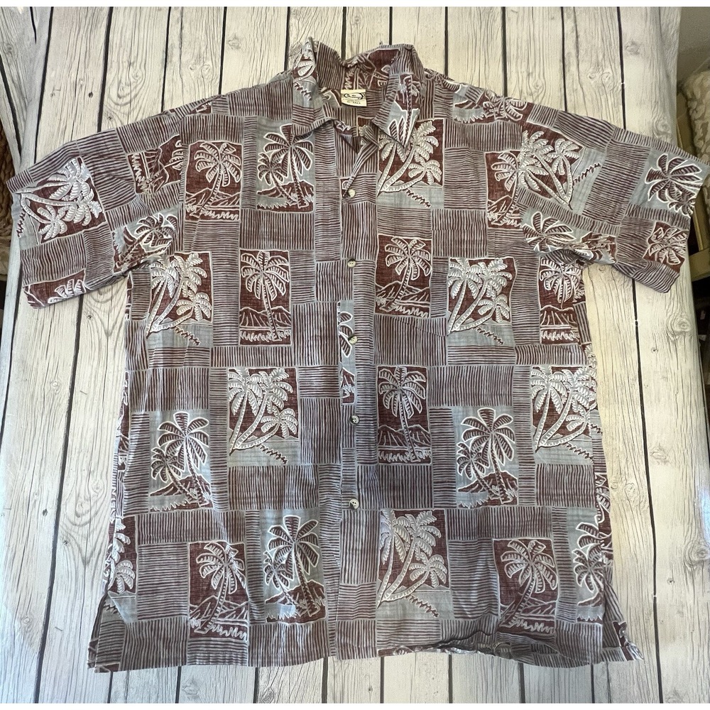 Go Barefoot Hawaiian Tradition Full Button Up Shirt XL Tall Red And Gray Palm